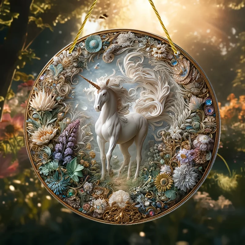 

Glam Acrylic Unicorn Sun Catcher Round Plaque-Wall Hanging Decorative Sign with Animal Theme- Art for Home,Bedroom,Window Decor