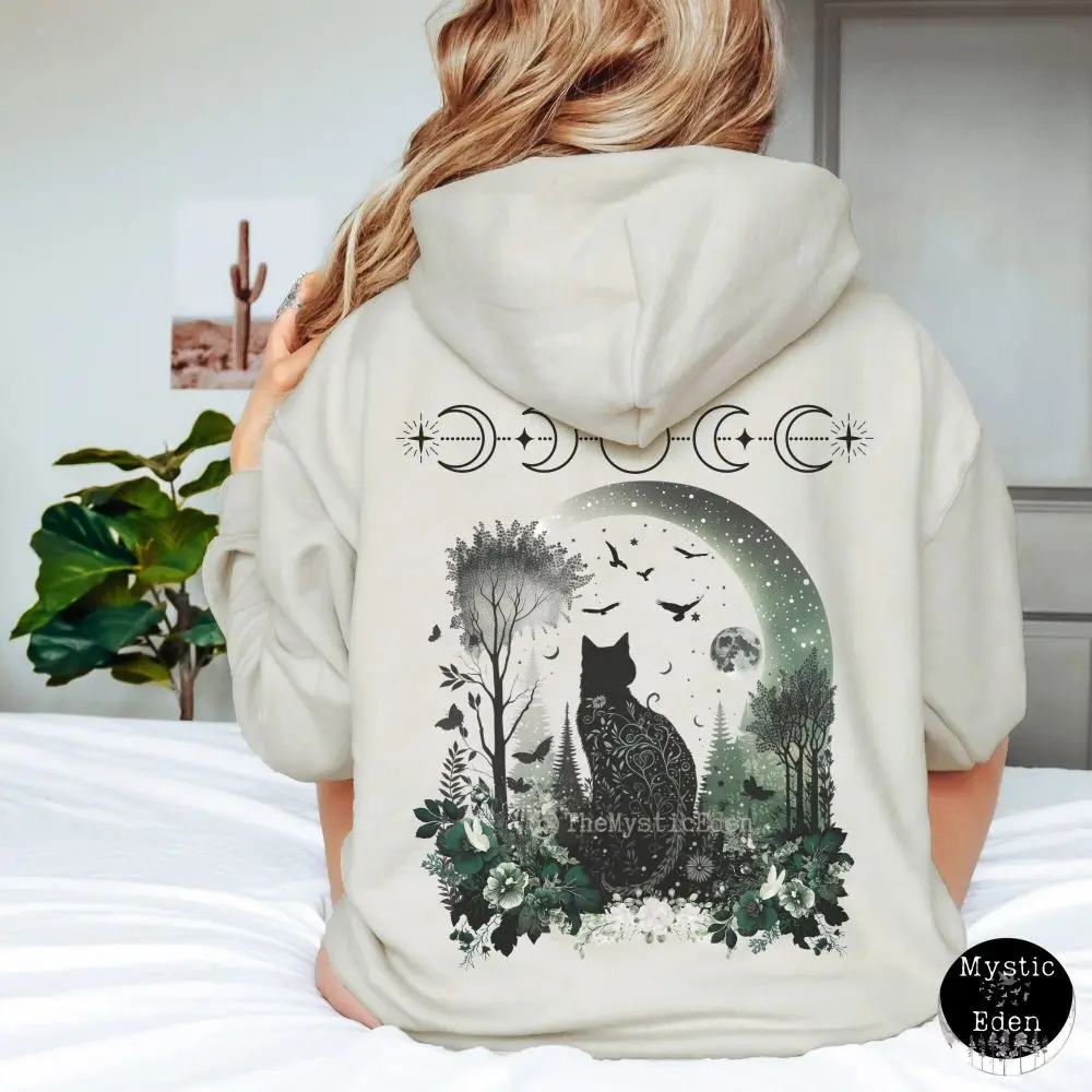 Schwarze Katze Whimsigoth Halloween Katze Hoodie Hexe Hoody Top Damen Vintage Dark Academic Tops Fleece Casual Basic Sweatshirts