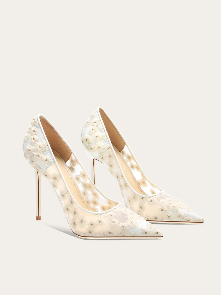 

2025 Embroidered Flower White High Heels Femininity Mesh Single Shoes