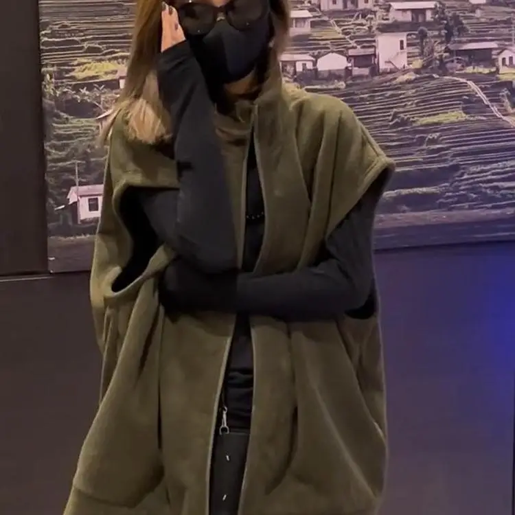 

Женский флисовый жилет больших размеров (до 300 фунтов), свободный крой, без рукавов, цвета хаки, в корейском стиле, комфортный, для полных женщин