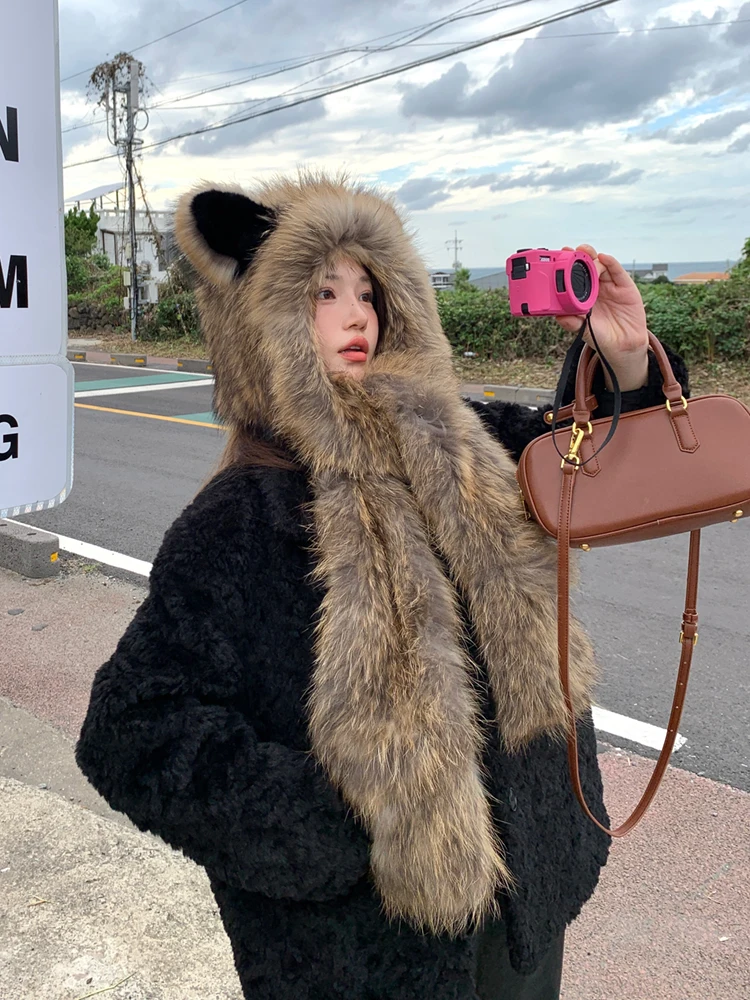 المرأة الشتاء الثعلب الفراء الحيوان الأذن قبعة وشاح مجموعة فو الفراء محبوك قبعة الثلوج الدافئة كامل التفاف الرقبة حماية طويلة ثنى التصميم قبعة