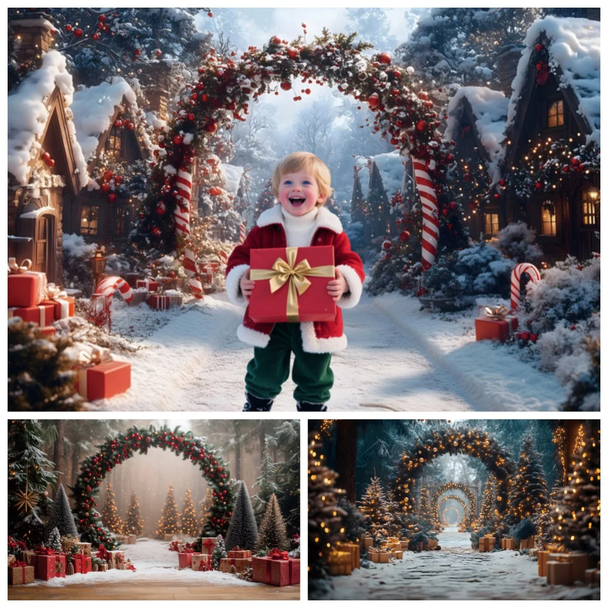 Winter Arch Christmas Photo Backdrops Snowy Village Gifts Twinkling Lights Xmas Trees Kids Festive Backgrounds For Photographs