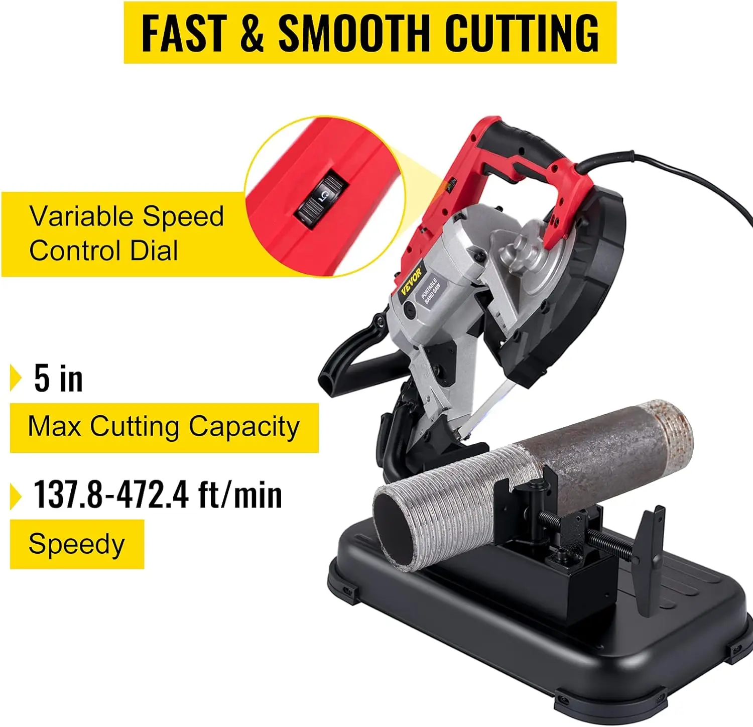 Portable Band Saw 110V Removable Alloy Steel Base Cordless 5 Inch Cutting Capacity Hand held Variable Speed Portable Bandsaw