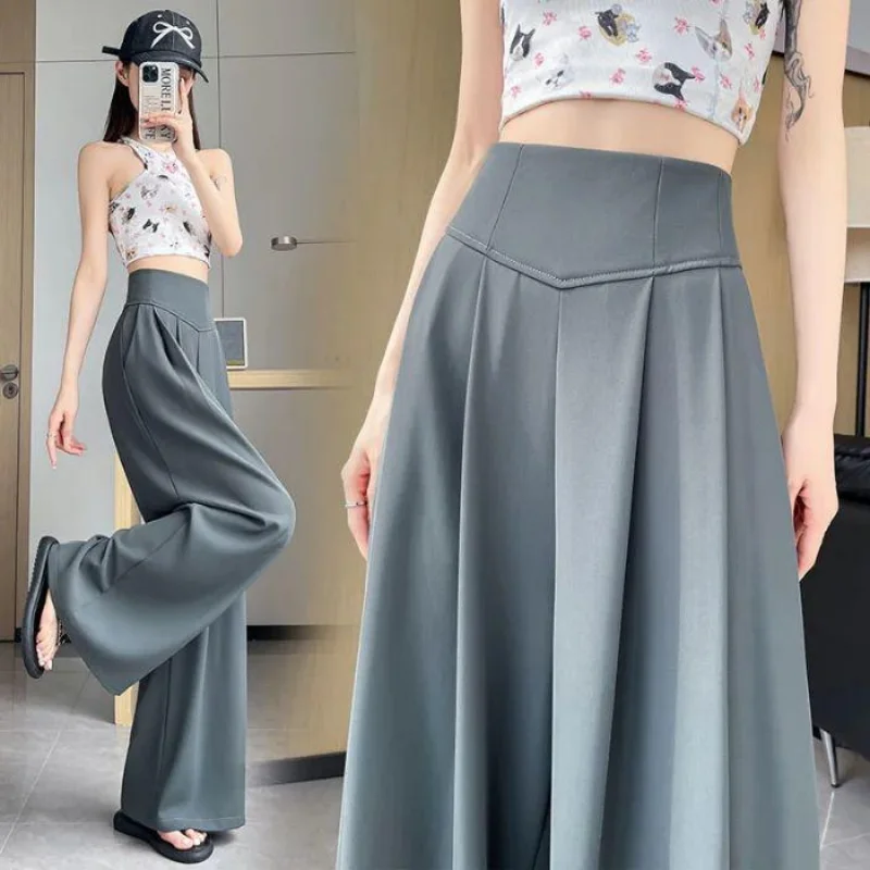 Elegant Solid Color Suit Pants Women's Korean Style High Waist Wide Leg Trousers Slim Fit Loose Swinging Daily Commuting Slacks