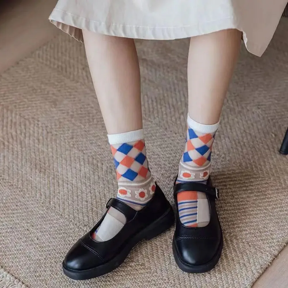 Socks Women Summer Thin Glass Silk Sheer Lace Floral Diamond Crew Tube Cute Japanese Retro Transparent Breathable Princess Party