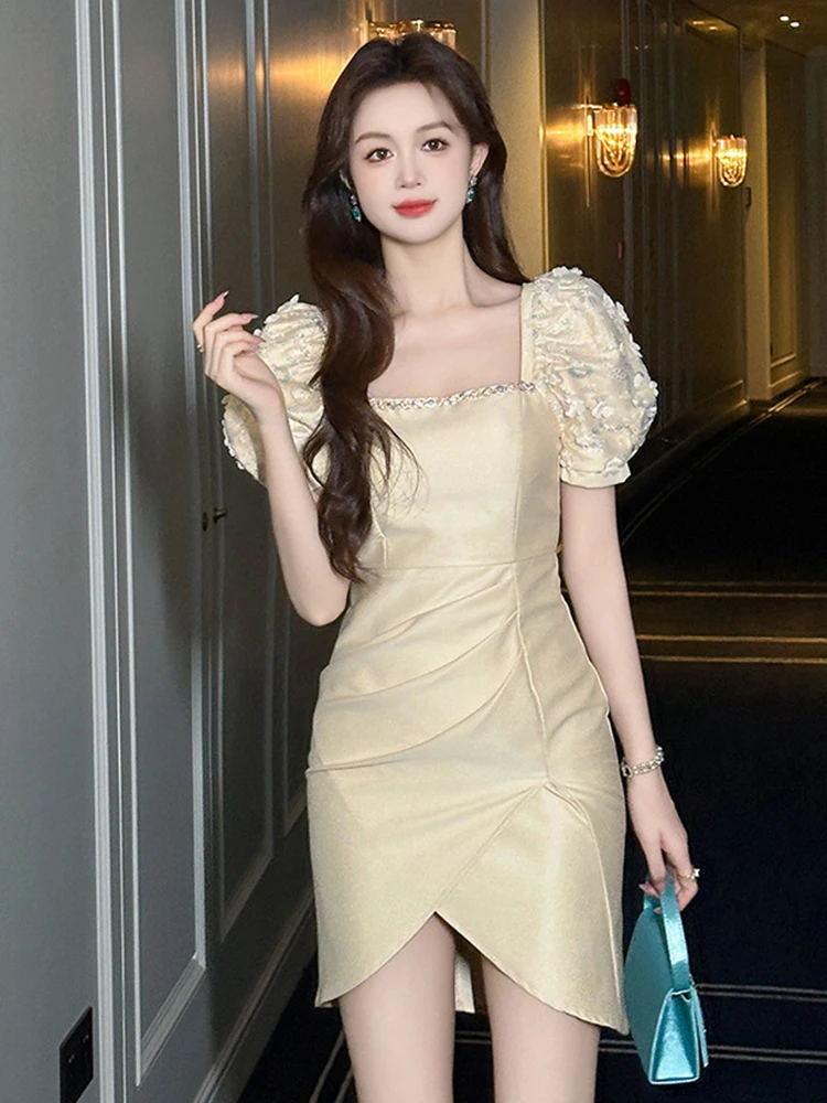 

Summer Elegant Luxury Diamonds Square Collar Mini Dress Women Clothes Sweet Lace Retro Puff Sleeve Skinny Party Birthday Vestido