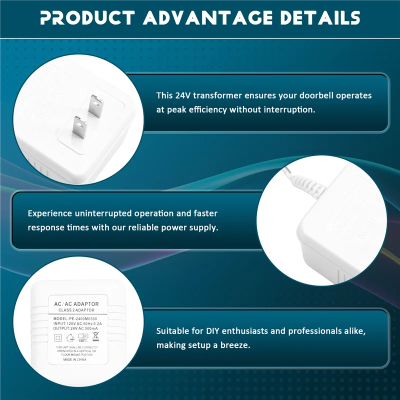 【جديد】محول محول جرس الباب 24 فولت لأجراس باب الفيديو أداء معزز وسهل التركيب قابس أمريكي