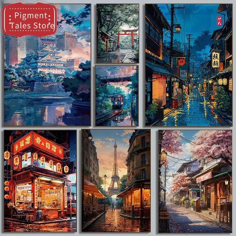 Pintura al óleo digital sin marco, pintura al óleo por números, paisaje urbano de Japón, Tokio, decoración del hogar, pared, sala de estar, 1 ud.
