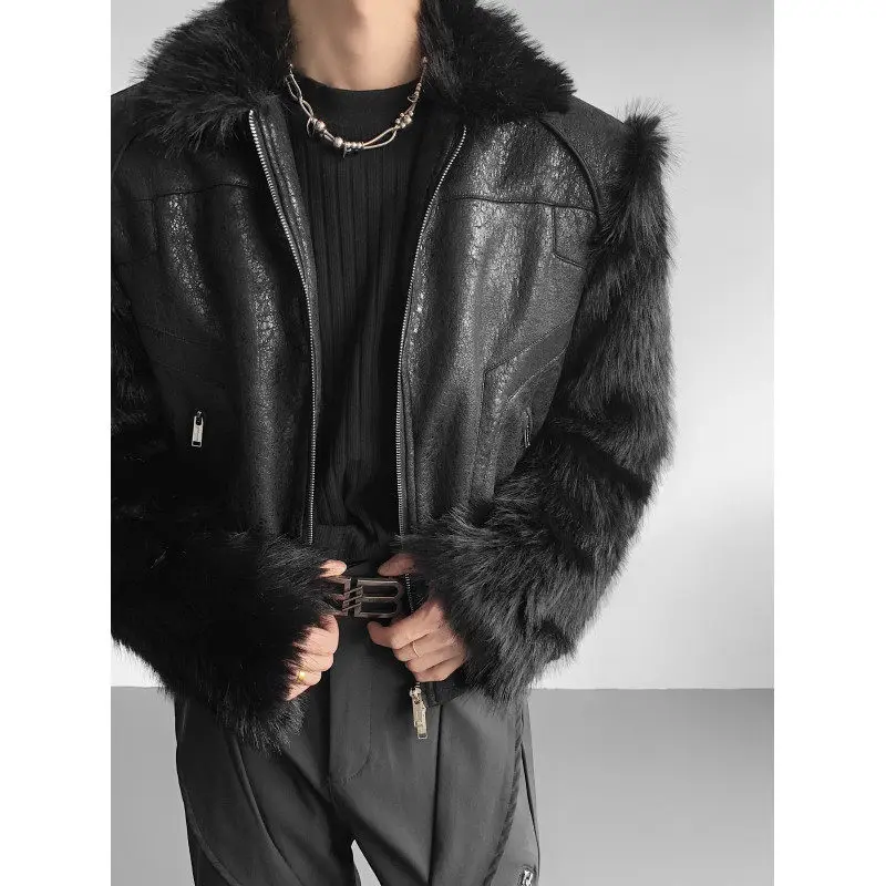 

American Retro High-End Simulation Fur Bla PU Leather Jaet Men's Design Cotton Coat Faion Urban Winter Warm Thiened