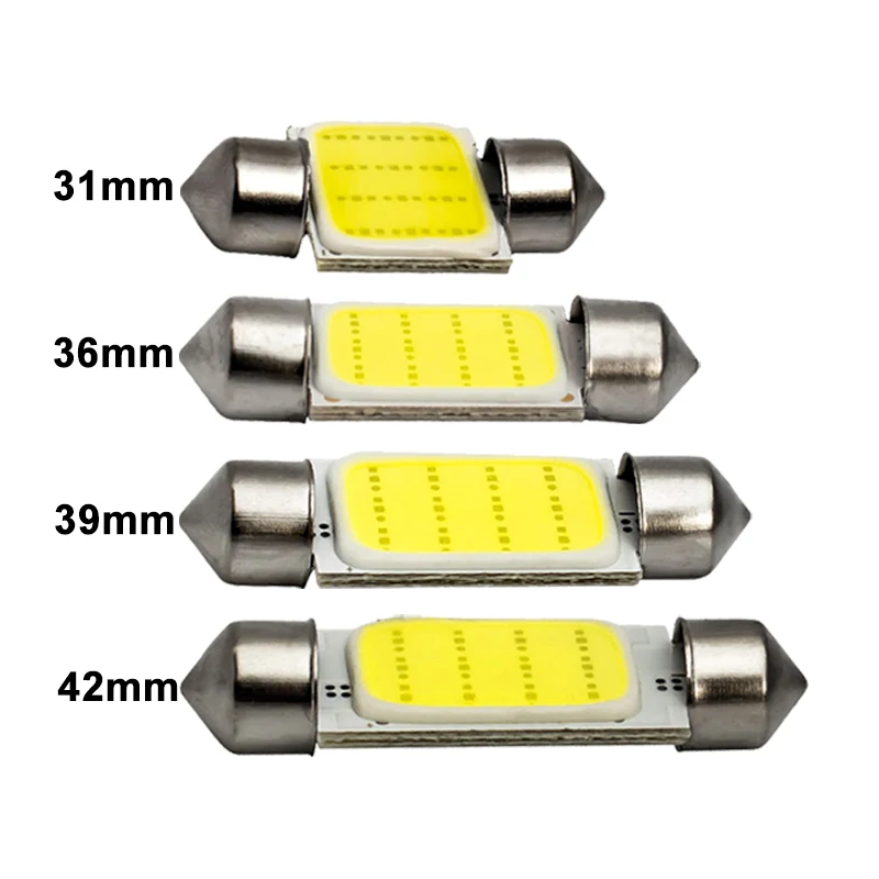 2x Car C5W LED COB Bulb Festoon 31mm 36mm 39mm 41mm 12V 6500K White C10W COB LED Interior Light Dome Reading License Plate Lamps