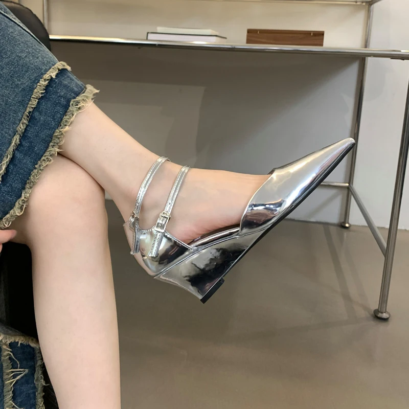 

Silver Wedge Heel Women Pointed Toe Belt Buckle Shoes Black Patent Leather High Heels Wedges Ladies Pumps Chaussures Femme