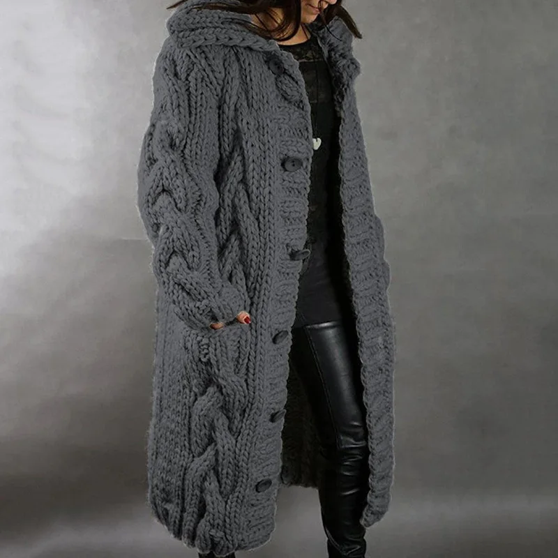 Damenpullover, neuer lässiger, lockerer, europäisch-amerikanischer Mode-Cardigan mit Umlegekragen, gestrickter langer Mantel, Pullovermantel in großen Größen – Detail 3