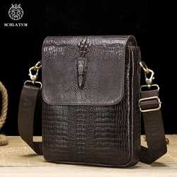 SCHLATUM Genuine Leather Daily Casual Shoulder Bag for Men Dark Brown Vintage Cocrodile Pattern Messenger Bag Men's