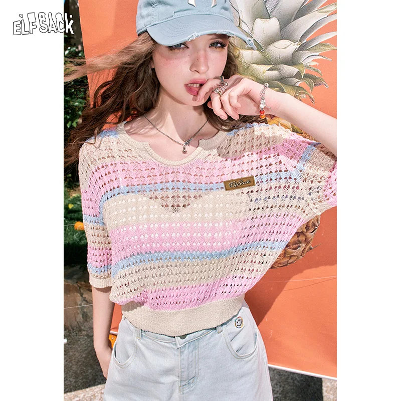 

ELFSACK 2024 summer new arrival U-neck loose hollow color stripes round neck waist slim short-sleeved knitted sweater for women