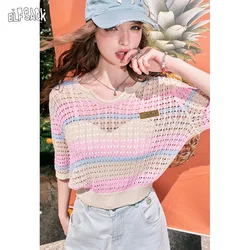 ELFSACK 2024 summer new arrival U-neck loose hollow color stripes round neck waist slim short-sleeved knitted sweater for women