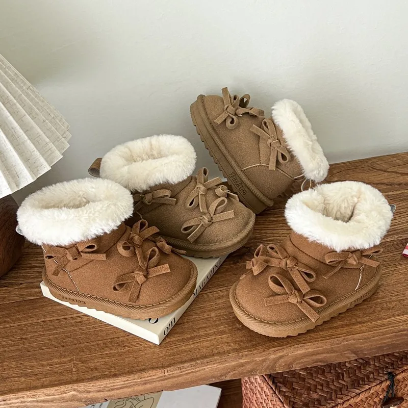 

New Winter Children Snow Boots Suede Leather Warm Plush Toddler Girls Cotton Boots Non-slip Fashion Bowknot Baby Shoes 1-6 Years