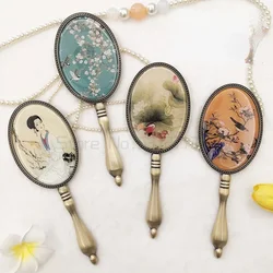 Retro Bronze Metal Handle Mirror Portable Handheld Cosmetic Mirror Charming Round Hand Mirror for Makeup and Beauty