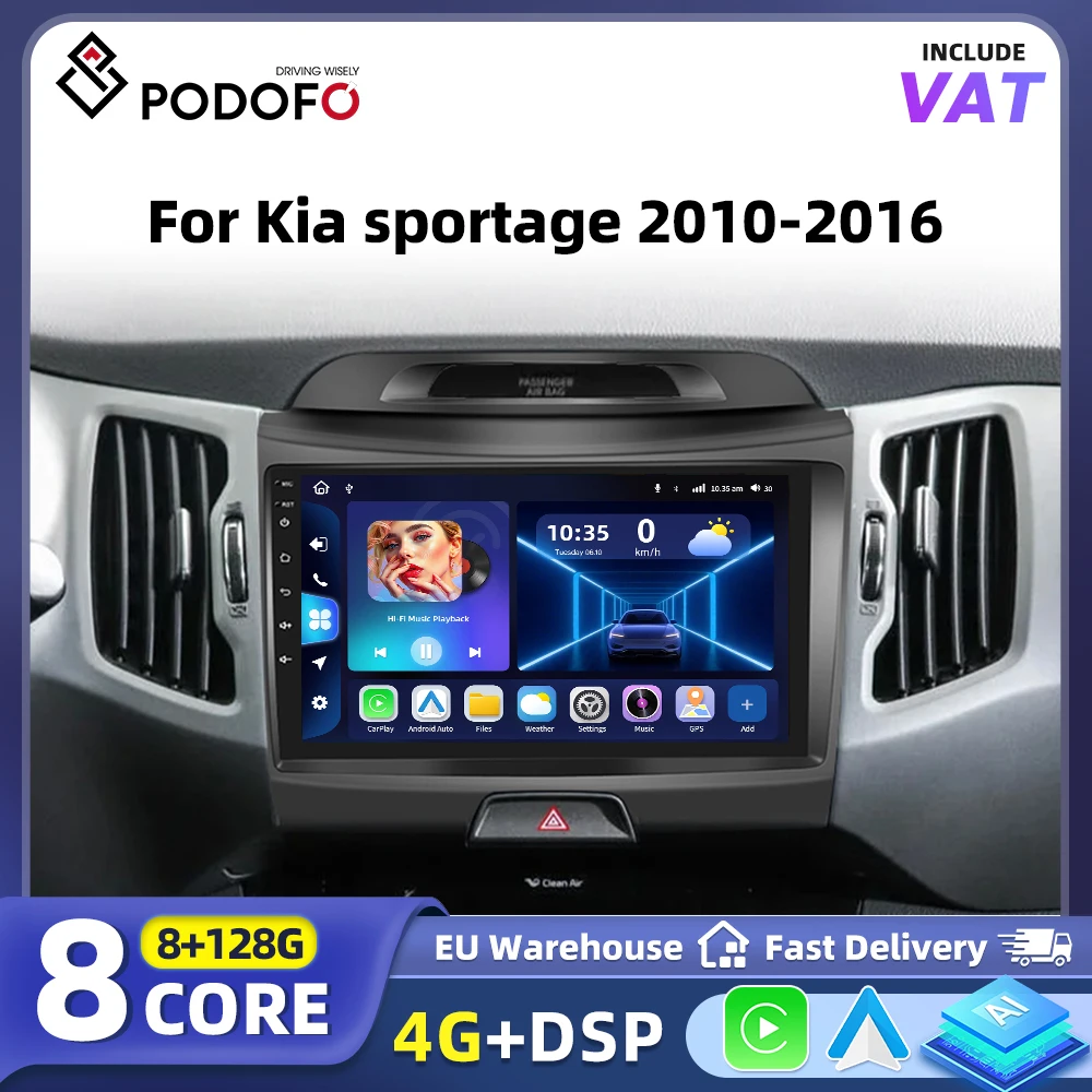 Podofo AI Voice 2-DIN-Android-Carplay-Autoradio für KIA Sportage 3, Baujahr 2010–2016, mit Android Auto, Navigation, GPS, FM, WLAN und Bluetooth.