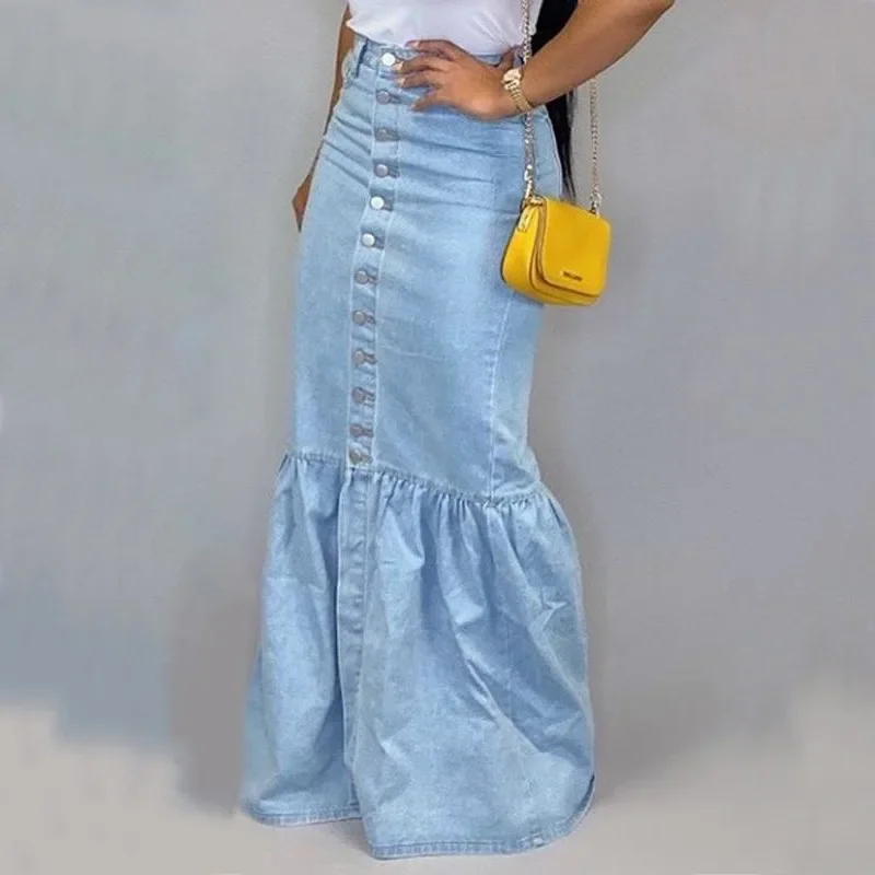 

Sexy Empire High Waist Stretchy Skirt Mermaid Trumpet Ruffle Long Skirt 2024 New Fishtail Denim Skirt Women