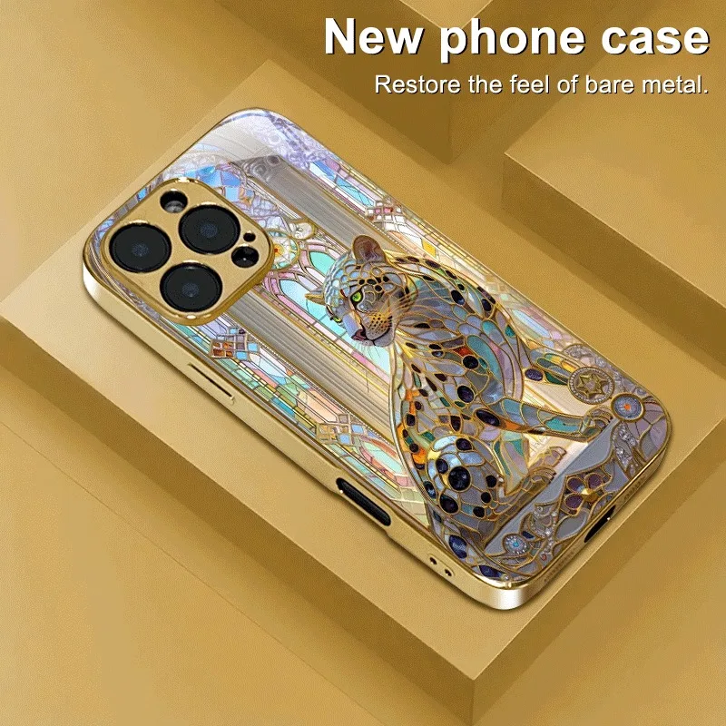 

Fashion Leopard Print Gold Metallic Paint Glass Phone Case For iPhone 17 16 15 14 13 12 11 Pro Max 16 15 Plus 17 Air 16E Cover