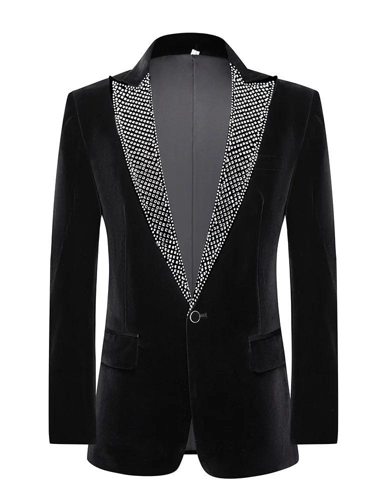 Men Rhinestones Wedding Suit Jacket Black Velvet Tuxedo Prom Concert Banquet Party Costume Singer Stage Host Slim Fit Blazer