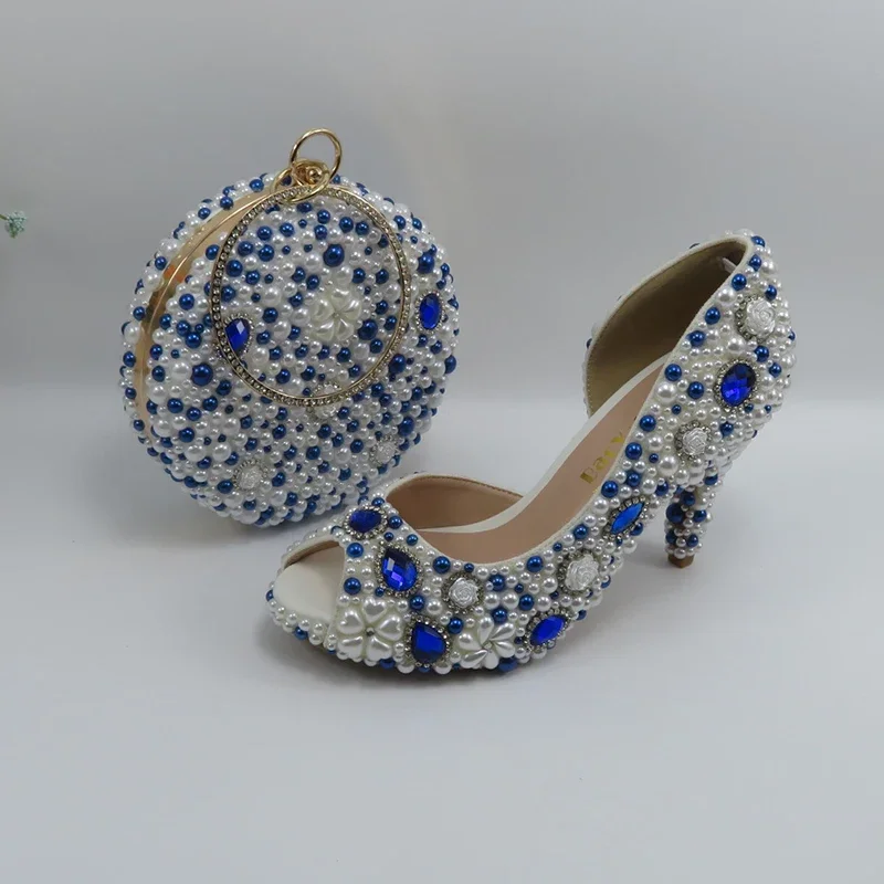 White and Blue Pearl Wedding shoes and bag Peep Toe Pumps Bridal Party Dress Shoes Fish Mouth high heels with Handbags  8cm image 5
