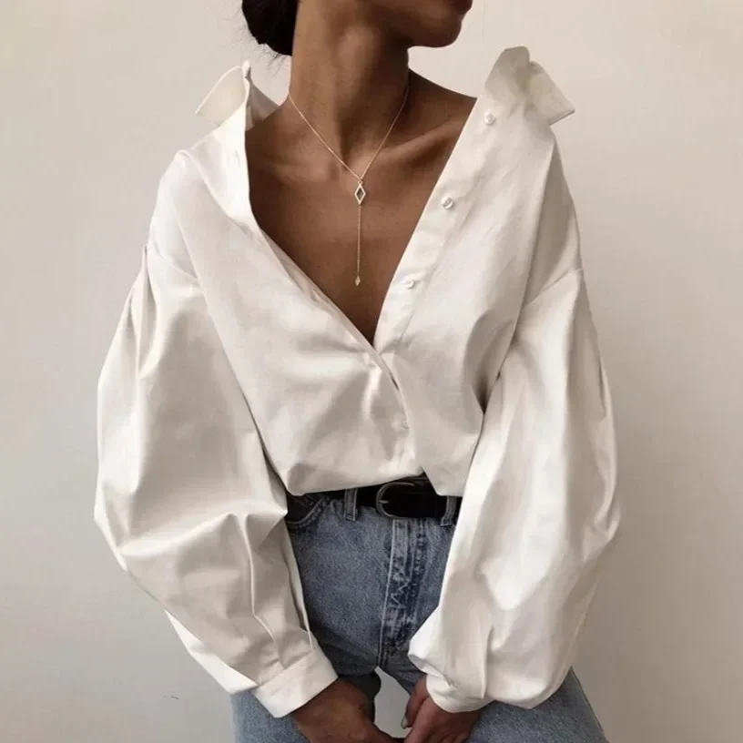 

Casual Vintage Sexy Button White Blouse Women Lantern Sleeve Oversized Loose Women Shirt Cotton Office Ladies Tops Blusas