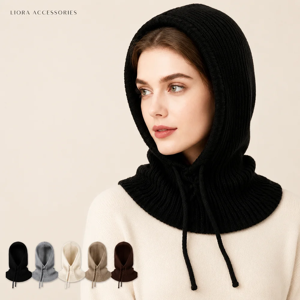 Beanie Winter Hat - Ribbed Knit Hooded Scarf Beanies Cap