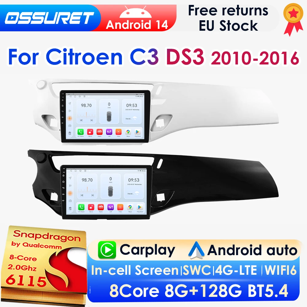 OSSURET 8G 128G Android Auto Radio Für Citroen C3 DS3 2010-2016 Auto Multimedia GPS Carplay 4G DSP BT 360Kamera Durch Snapdragon6115