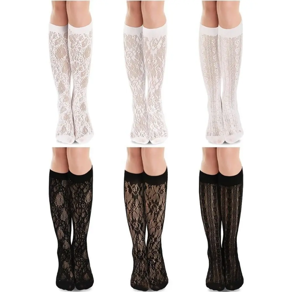 Cute Floral Printed Lace Knee High Socks Hollow Thin Mesh Stockings Breathable Sweet Lolita Socks Pair with Skirts