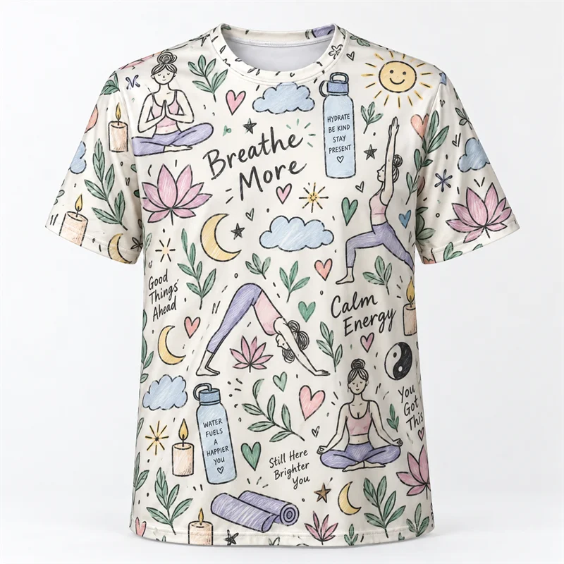 Colorful Doodle Graphic T Shirt Men Women Yoga Camping Sewing Sushi Beach Dog Fruit Frog Baking Short Sleeve Casual Summer Tee