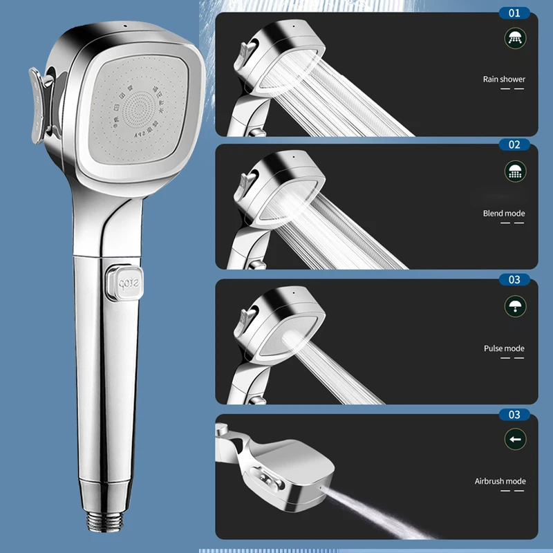 

4 Modes Square Shower Head Silver Black High Pressure Showerhead Filter Spa Anti Limestone Bathroom Faucets Accessories Supplies