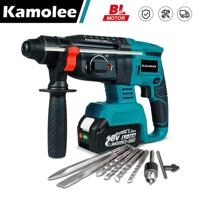 

Kamolee 2000W 10600IPM Brushless Cordless Rotary Hammer Drill Rechargeable Electric Hammer Impact Drill For Makita Battery