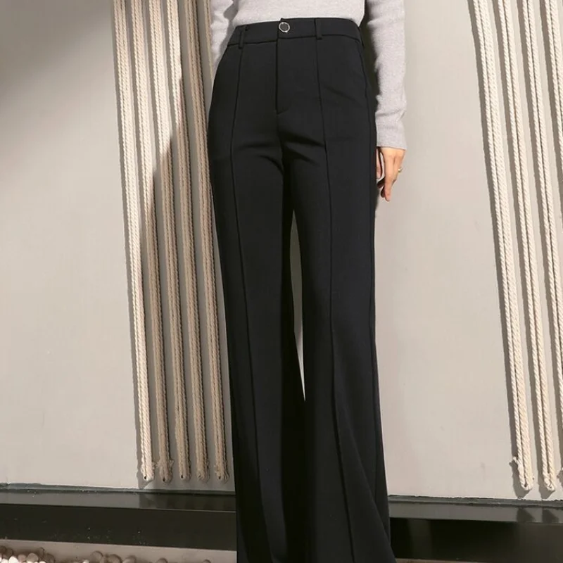 Autumn and Winter Women's Solid Colors Button High Waist Fashion Slim Flare Pants Pockets Classic Casual Commuter Trousers