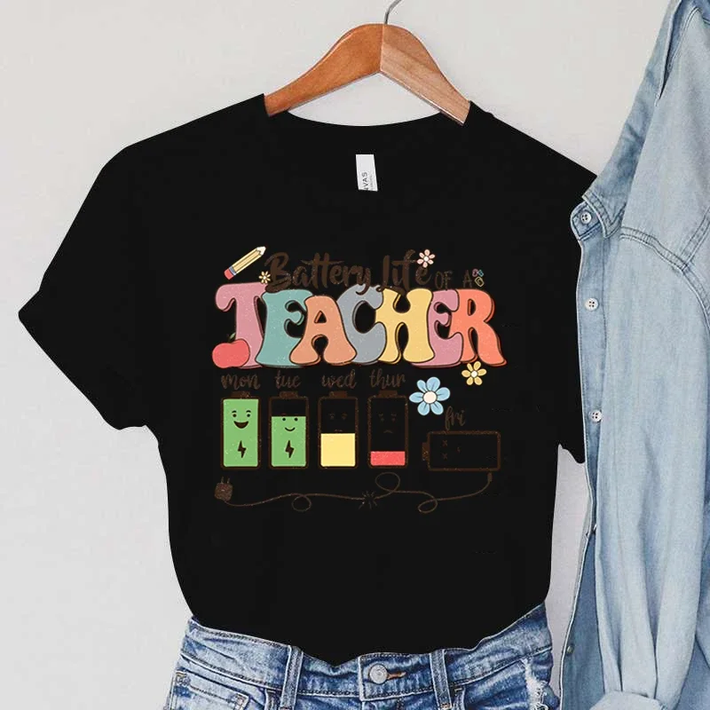 Camiseta con estampado de vida útil de la batería del profesor, camiseta de verano para mujer, camisetas informales para mujer, camisetas de manga