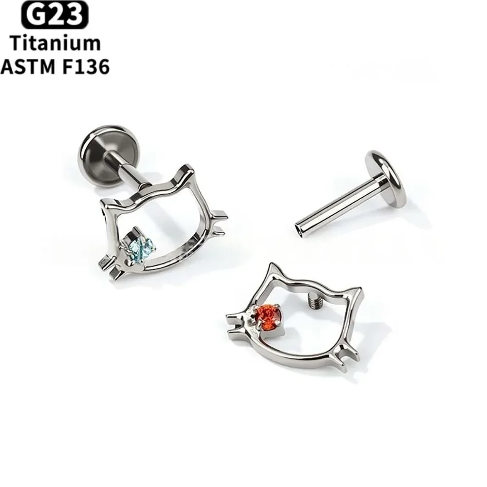 G23 Titan Niedliche Katzen-CZ-Ohrstecker mit Innengewinde für Knorpel, Ohrläppchen, Tragus, Helix – Modischer Piercing-Schmuck – Detail 3