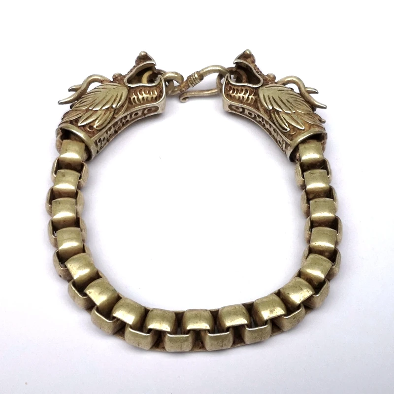 YIZHU CULTUER ART Size 24 cm Old Chinese Tibet Silver Handmade Auspicious Dragon Hand Catenary Bracelet Gift Collection