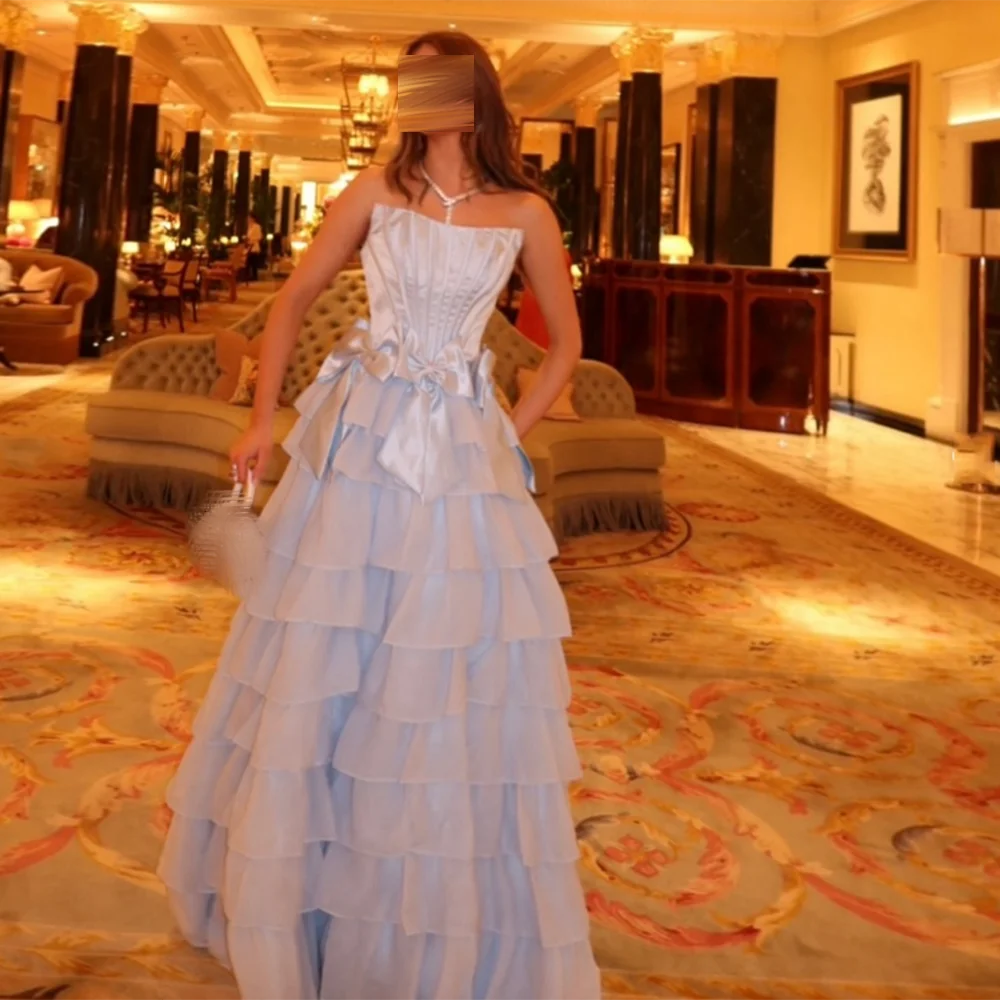 

Customized Strapless A-Line Evening Dresses Backless Tiered Ruffles Bow Sleeveless Prom Gown Simple Long birthday party Dress