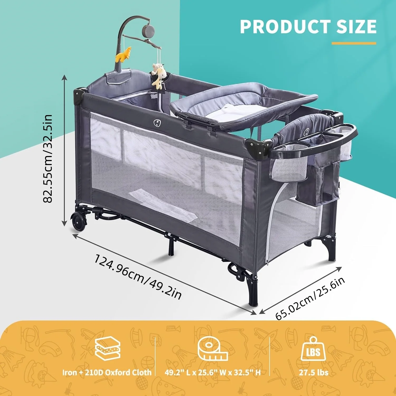 Bassinet 6-in-1 dengan ayunan, tempat tidur bayi portabel dapat disesuaikan dengan roda berbentuk U, Meja popok kotak musik & gantung Ke