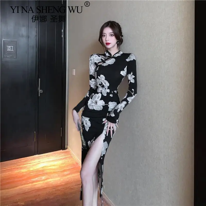 Autumn Retro Print New Improved Waist Pleat Slit Mid-length Cheongsam Dress Long Sleeve Dress Elegant Cheongsam Black Long Skirt