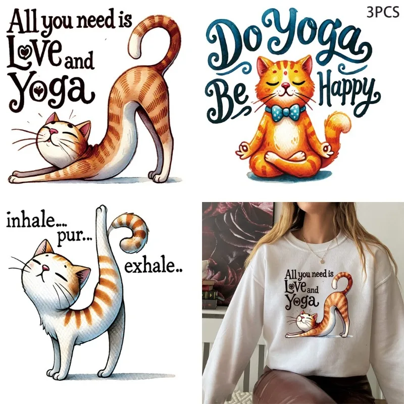 Lavável Transferência de Calor Impressão Adesivos, DIY, Engraçado Yoga Cat, Camisa Roupas Patch, Meninas Mochila, Travesseiro, 3Pcs, 6Pcs