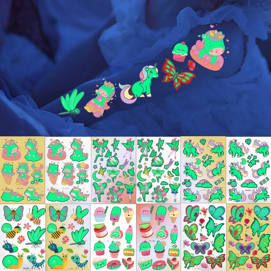 

Светящиеся временные татуировки в виде единорога для девочек, детей, детей, детская искусственная татуировка, блестящее украшение для вечевечерние