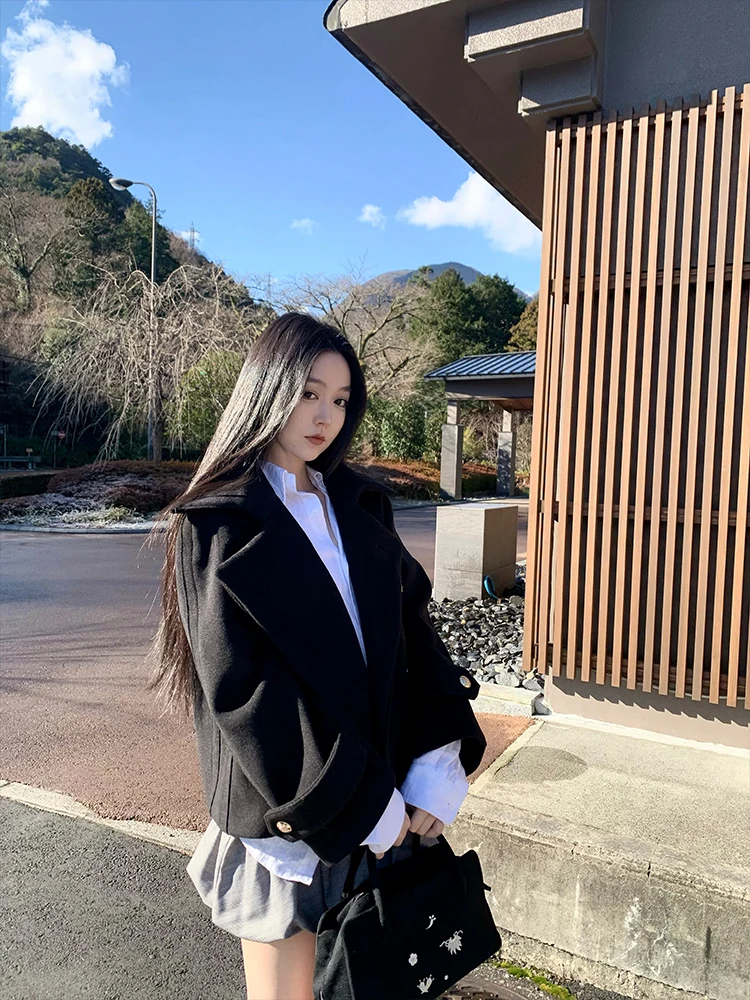 

Gyo Bla Woolen Texture Coat Straight Cut Sle Long Sve Pure Color Faionable College Sle Thiened Spring Outerwear