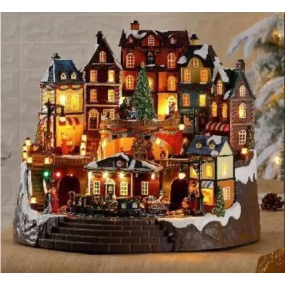 Large Christmas Village House, Train Station with LED Lights, Moving Train and Enchanting Music, Christmas Decoration