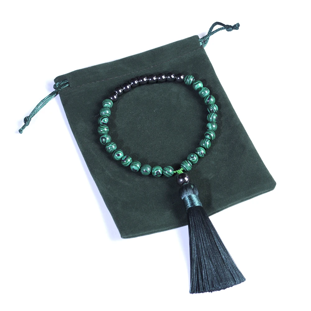 Muslim 33 beads bracelet with tassels,8mm malachite and red pine bead bracelet,rosary Prayer bracelet