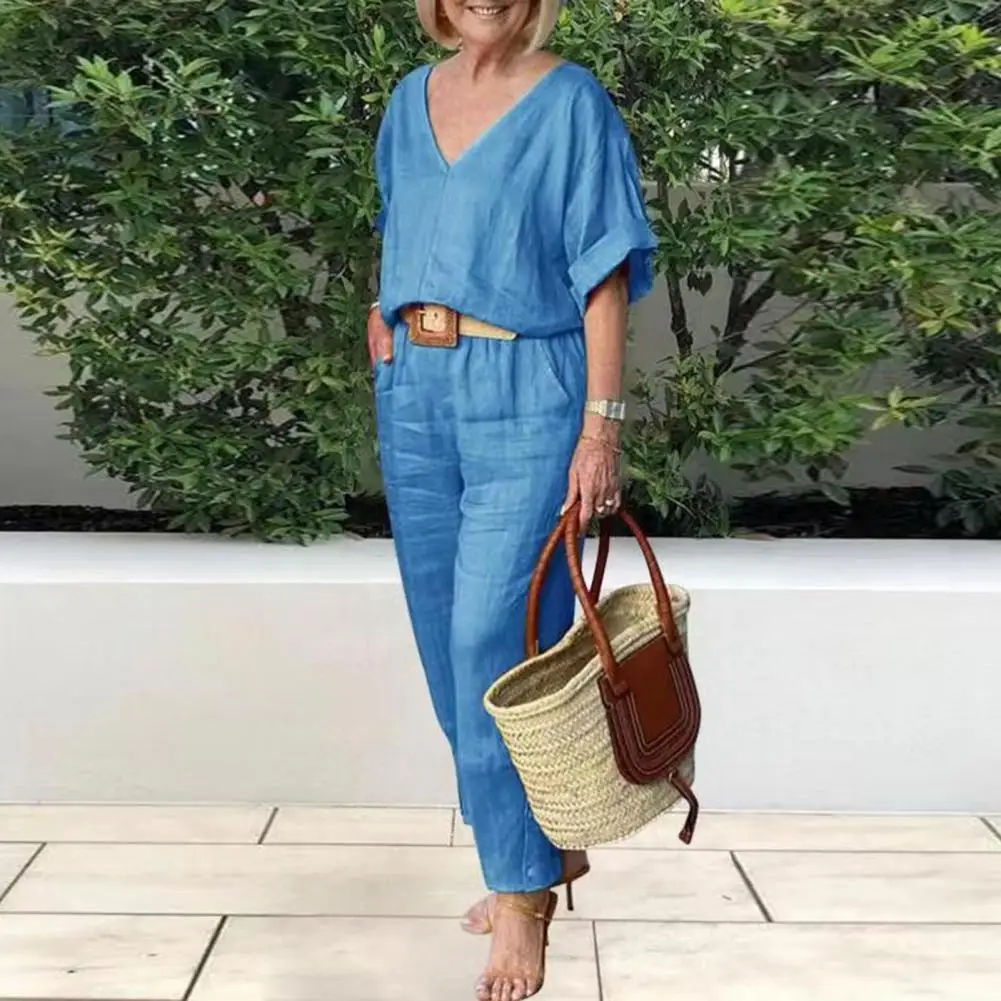 Lady Autunno Estate Outfit Donna T-shirt Pantaloni Set Tinta unita Scollo a V Elastico in vita Mezza manica Tasche a vita alta Top Pantaloni 2025