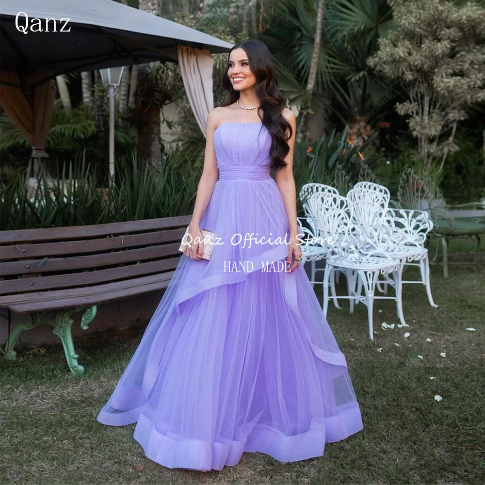 

Qanz Elegant Lavender Evening Dresses Strapless Ruffles Tulle Long Formal Occsion Dresses Bow Open Back Party Gowns Customized