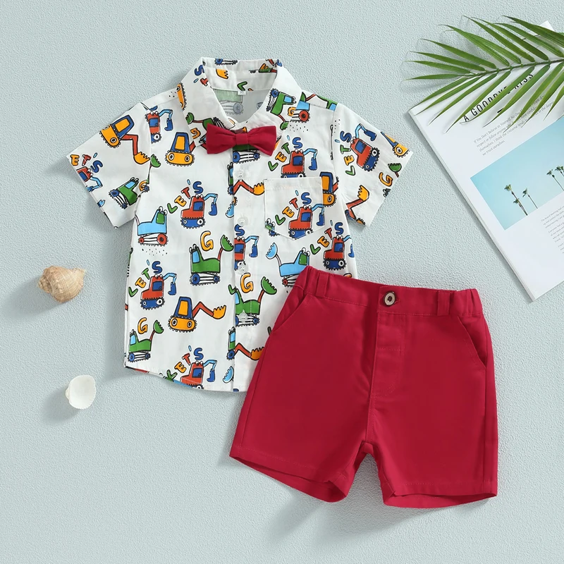 1-6Y Kids Boys Gentleman Outfits Excavator Print Short Sleeve Button Up Shirt and Elastic Shorts Summer Casual Clothes Set