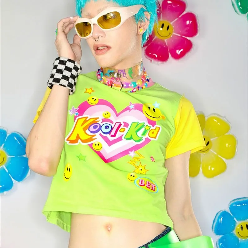 Women Tees Pulovers Love Heart American Retro Millennium Girls 2024 Summer Kawaii Y2K Colorful Short Sleeve T-shirt Green Top