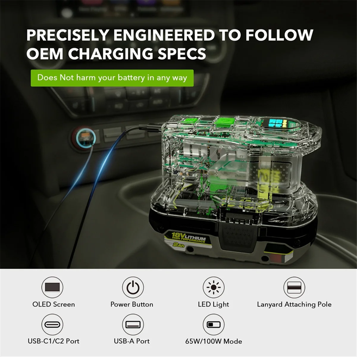 ABAN Fast Charger for 18V ONE+ Battery Recharger Lithium Battery 100W Fast Charge USB Port Two-Way Charger PSC A